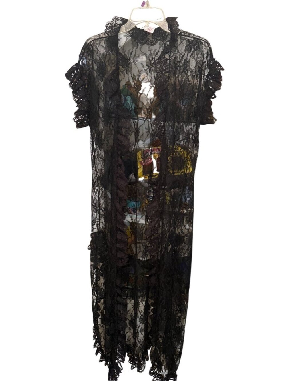 Vintage 90s Frederick's Hollywood  Black Lace Ruffle Duster Ethereal Coquette